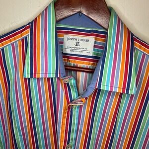 Joseph Turner Mens Pure Cotton Multi Color Striped Button Down Shirt 17 35R